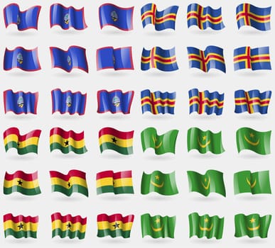 Guam, Aland, Ghana, Mauritania. Set of 36 flags of the countries of the world. illustration