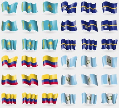 Kazakhstan, Nauru, Colombia, Guatemala. Set of 36 flags of the countries of the world. illustration