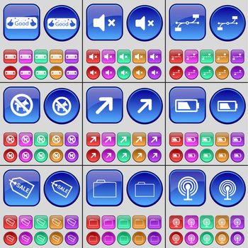 Like, Mute, Connection, No pets allowed, Full screen, Battery, Sale, Folder, Wi-Fi. A large set of multi-colored buttons. illustration