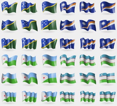 Solomon Islands, Marshall Islands, Djibouti, Uzbekistan. Set of 36 flags of the countries of the world. illustration