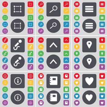 Frame, Magnifying glass, Apps, Microphone, Arrow up, Checkpoint, Information, Notebook, Heart icon symbol. A large set of flat, colored buttons for your design. illustration