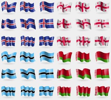 Iceland, Georgia, Botswana, Belarus. Set of 36 flags of the countries of the world. illustration