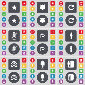 Star, Police badge, Reload, Microphone, Survey, Silhouette, Avatar, Notebook icon symbol. A large set of flat, colored buttons for your design. illustration