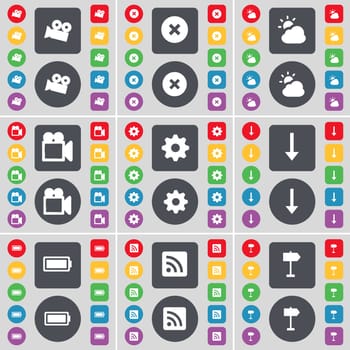 Film camera, Stop, Cloud, Gear, Arrow down, Battery, RSS, Signpost icon symbol. A large set of flat, colored buttons for your design. illustration