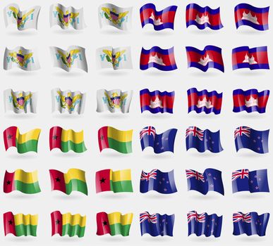 VirginIslandsUS, Cambodia, GuineaBissau, New Zeland. Set of 36 flags of the countries of the world. illustration