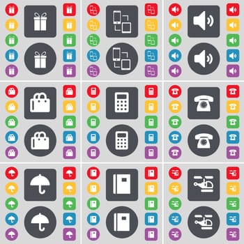 Gear, Information exchange, Sound, Shopping bag, Calculator, Retro phone, Umbrella, Notebook, Helicopter icon symbol. A large set of flat, colored buttons for your design. illustration