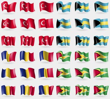 Turkey, Bahamas, Romania, Guyana. Set of 36 flags of the countries of the world. illustration