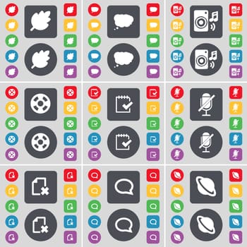 Leaf, Chat cloud, Speaker, Videotape, Survey, Microphone, File, Chat bubble, Planet icon symbol. A large set of flat, colored buttons for your design. illustration