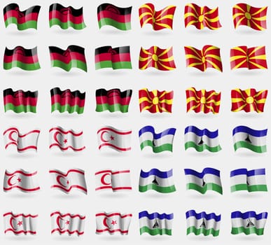Malawi, Macedonia, Turkish Northern Cyprus, Lesothe. Set of 36 flags of the countries of the world. illustration