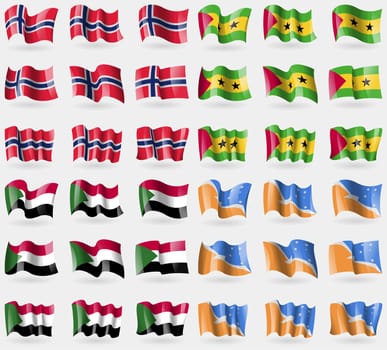 Norway, Sao Tome and Principe, Sudan, Tierra del Fuego Province. Set of 36 flags of the countries of the world. illustration