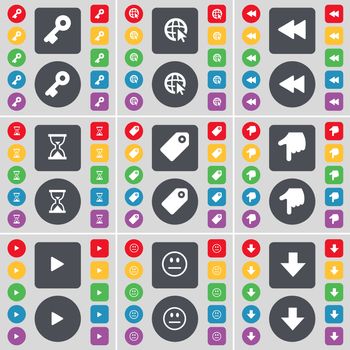 Key, Web with cursor, Rewind, Hourglass, Tag, Hand, Media play, Smile, Arrow down icon symbol. A large set of flat, colored buttons for your design. illustration