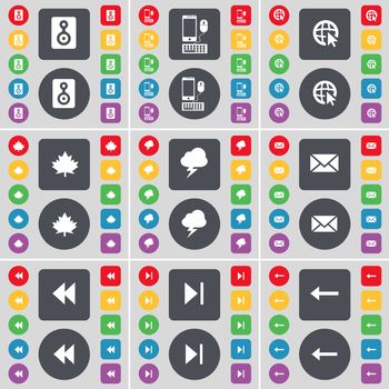 Speaker, Smartphone, Web cursor, Maple leaf, Lightning, Message, Rewind, Media skip, Arrow left icon symbol. A large set of flat, colored buttons for your design. illustration
