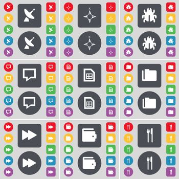 Satellite dish, Compass, Bug, Chat bubble, File, Folder, Rewind, Wallet, Fork and knife icon symbol. A large set of flat, colored buttons for your design. illustration