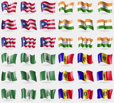 Puerto Rico, India, Norfolk Island, Moldova. Set of 36 flags of the countries of the world. illustration