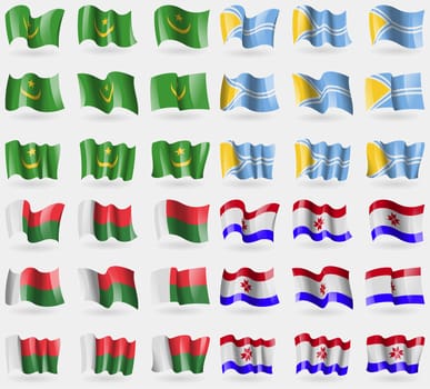 Mauritania, Tuva, Madagascar, Mordovia. Set of 36 flags of the countries of the world. illustration