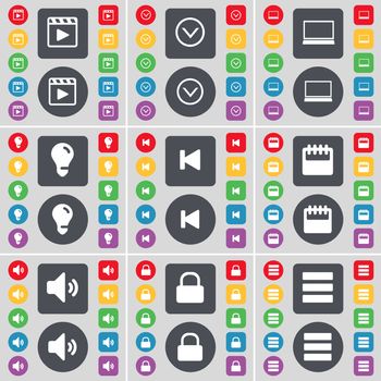 Media player, Arrow down, Laptop, Light bulb, Media skip, Calendar, Sound, Lock, Apps icon symbol. A large set of flat, colored buttons for your design. illustration