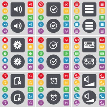 Sound, Tick, Apps, Gear, Tick, Record-player, File, Alarm clock, Volume icon symbol. A large set of flat, colored buttons for your design. illustration