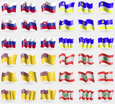 Slovakia, Buryatia, Niue, Lebanon. Set of 36 flags of the countries of the world. illustration