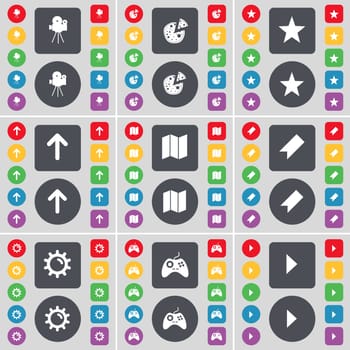 Film camera, Pizza, Starr, Arrow up, Map, Marker, Gear, Gamepad, Media play icon symbol. A large set of flat, colored buttons for your design. illustration