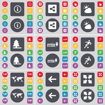 Information mark, Share, Cloud, Firtree, Keyboard, Football, Globe, Arrow left, Full screen icon symbol. A large set of flat, colored buttons for your design. illustration