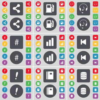 Share, Gas station, Headphones, Hashtag, Diagram, Media skip, Exclamation mark, Notebook, Database icon symbol. A large set of flat, colored buttons for your design. illustration