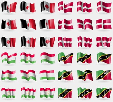 Udmurtia, Denmark, Tajikistan, Saint Kitts and Nevis. Set of 36 flags of the countries of the world. illustration