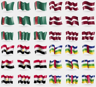 Turkmenistan, Latvia, Egypt, Central African Republic. Set of 36 flags of the countries of the world. illustration