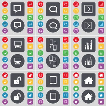 Chat bubble, Arrow right, Monitor, Information exchange, Graph, Lock, Tablet PC, House icon symbol. A large set of flat, colored buttons for your design. illustration