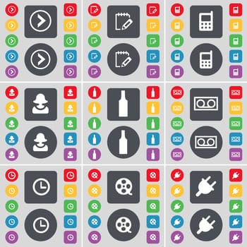 Arrow right, Survey, Mobile phone, Avatar, Bottle, Cassette, Clock, Videotape, Socket icon symbol. A large set of flat, colored buttons for your design. illustration