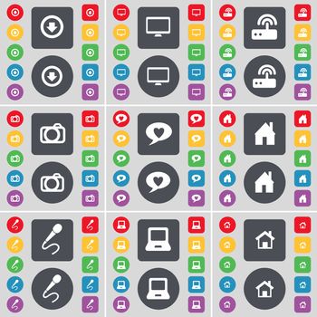 Arrow down, Monitor, Router, Camera, Chat bubble, House, Microphone, Laptop icon symbol. A large set of flat, colored buttons for your design. illustration