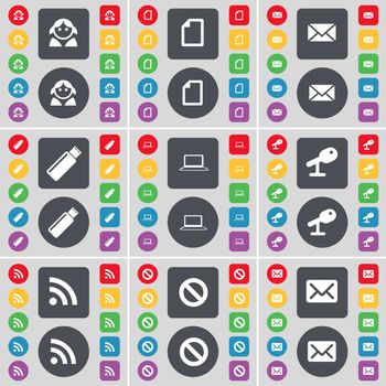 Avatar, File, Message, USB, Laptop, Microphone, RSS, Stop, Message icon symbol. A large set of flat, colored buttons for your design. illustration