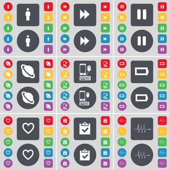 Silhouette, Rewind, Pause, Planet, Smartphone, Battery, Heart, Survey, Pulse icon symbol. A large set of flat, colored buttons for your design. illustration