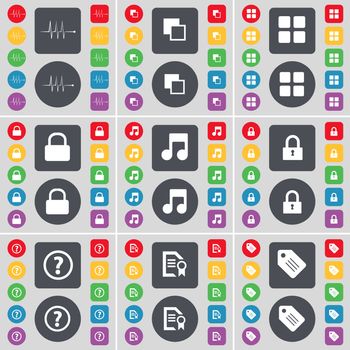 Pulse, Copy, Apps, Lock, Note, Question mark, Text file, Tag icon symbol. A large set of flat, colored buttons for your design. illustration