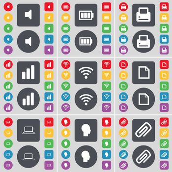 Sound, Battery, Printer, Diagram, Wi-Fi, File, Laptop, Silhouette, Clip icon symbol. A large set of flat, colored buttons for your design. illustration