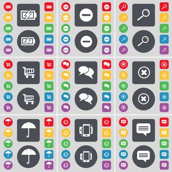 Charging, Minus, Magnifying glass, Shopping cart, Chat, Stop, Umbrella, Smartphone, Chat icon symbol. A large set of flat, colored buttons for your design. illustration