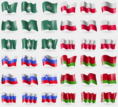 Macau, Poland, Slovenia, Belarus. Set of 36 flags of the countries of the world. illustration