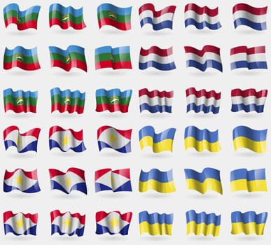KarachayCherkessia, Netherlands, Saba, Ukraine. Set of 36 flags of the countries of the world. illustration