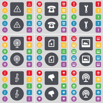 Warning, Retro phone, Wrench, Wi-Fi, File, Window, Clef, Dislike icon symbol. A large set of flat, colored buttons for your design. illustration