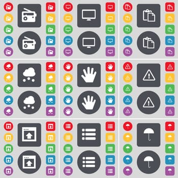 Radio, Monitor, Survey, Cloud, Hand, Warning, Window, List, Umbrella icon symbol. A large set of flat, colored buttons for your design. illustration