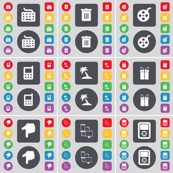 Keyboard, Trash can, Videotape, Mobile phone, Palm, Gift, Hand, Information exchange, Player icon symbol. A large set of flat, colored buttons for your design. illustration