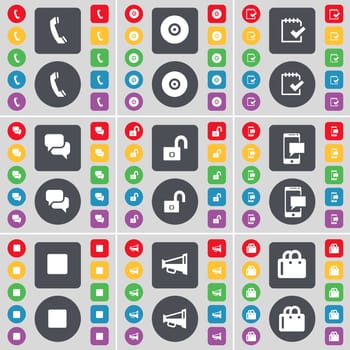 Receiver, Disk, Survey, Chat, Lock, SMS, Media stop, Megaphone, Shopping bag icon symbol. A large set of flat, colored buttons for your design. illustration