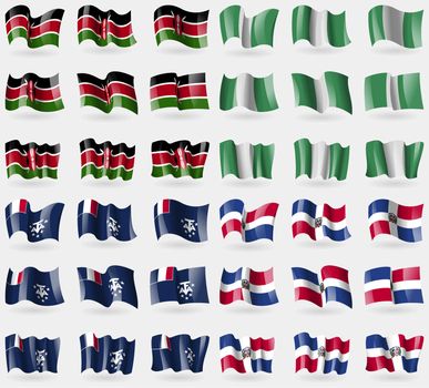 Kenya, Nigeria, French and Antarctic, Dominican Republic. Set of 36 flags of the countries of the world. illustration