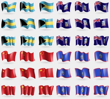 Bahamas, Falkland Islands, China, Guam. Set of 36 flags of the countries of the world. illustration