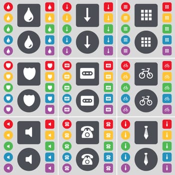 Drop, Arrow down, Apps, Badge, Cassette, Bicycle, Sound, Retro phone, Tie icon symbol. A large set of flat, colored buttons for your design. illustration