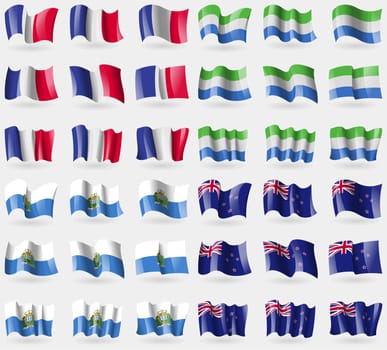 France, Sierra Leone, San Marino, New Zeland. Set of 36 flags of the countries of the world. illustration