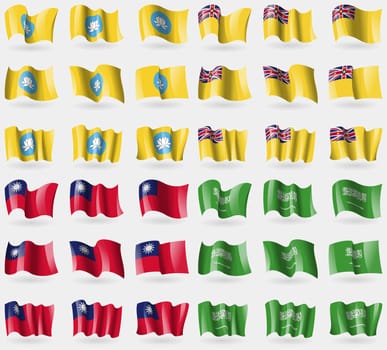 Kalmyikia, Niue, Taiwan, Saudi Arabia. Set of 36 flags of the countries of the world. illustration