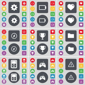 Gear, Battery, Heart, Flash, Cup, Folder, Player, Gamepad, Warning icon symbol. A large set of flat, colored buttons for your design. illustration