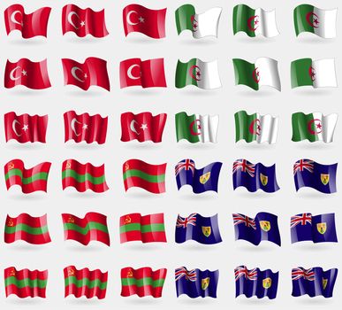Turkey, Algeria, Transnistria, Turks and Caicos. Set of 36 flags of the countries of the world. illustration
