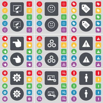 Monitor, Smile, Tag, Hand, Gear, Warning, Gear, Picture, Silhouette icon symbol. A large set of flat, colored buttons for your design. illustration