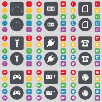 Stars, New, File, Wrench, Socket, Retro phone, Gamepad, Cassette, Pizza icon symbol. A large set of flat, colored buttons for your design. illustration